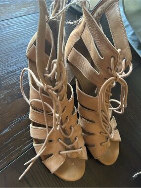 luxury rebel Tan Lace-Up Cutout Heeled Sandals